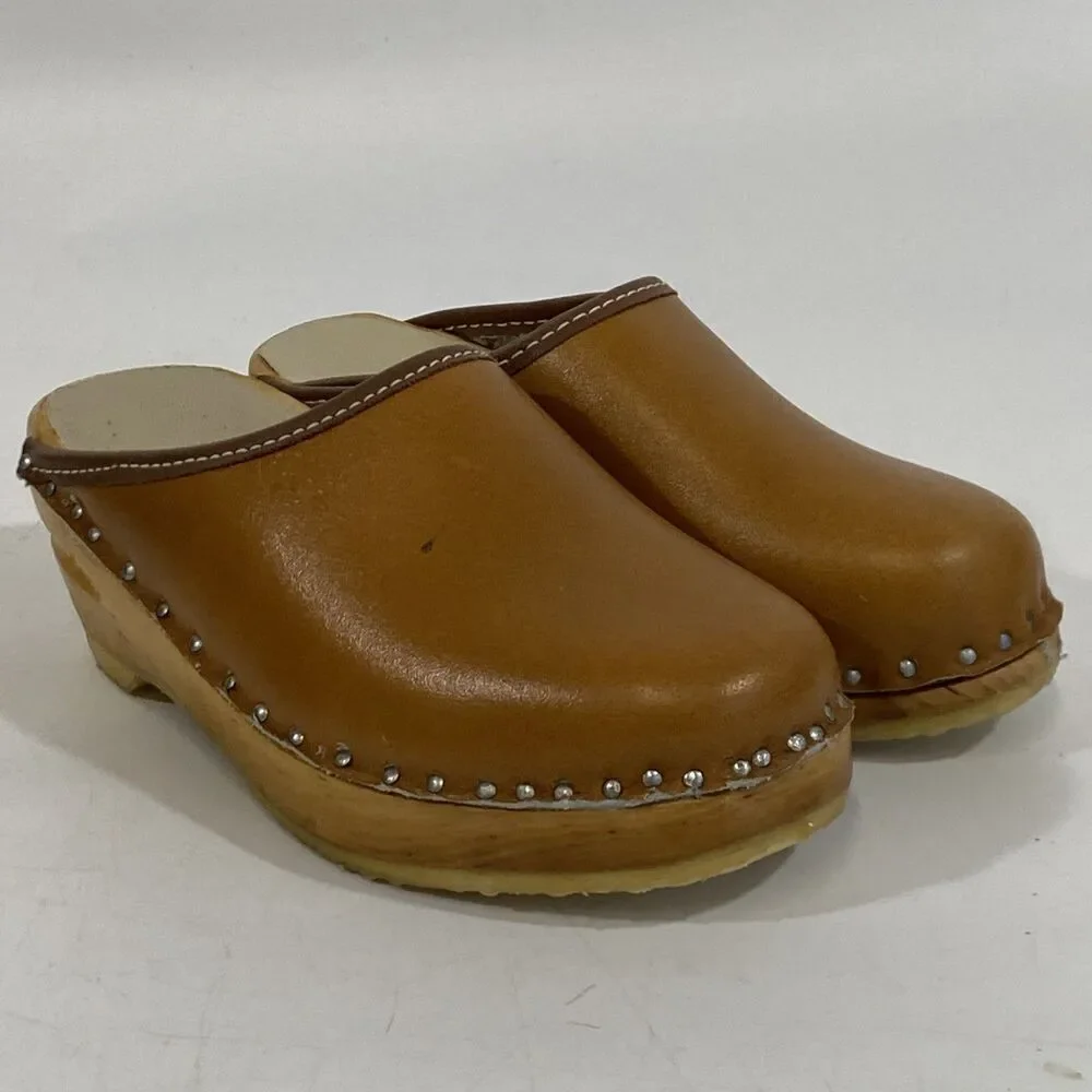 Vintage Girls Swedish Bastad-Toffeln Wood & Tan Leather Clogs Size 24 Us 8‎